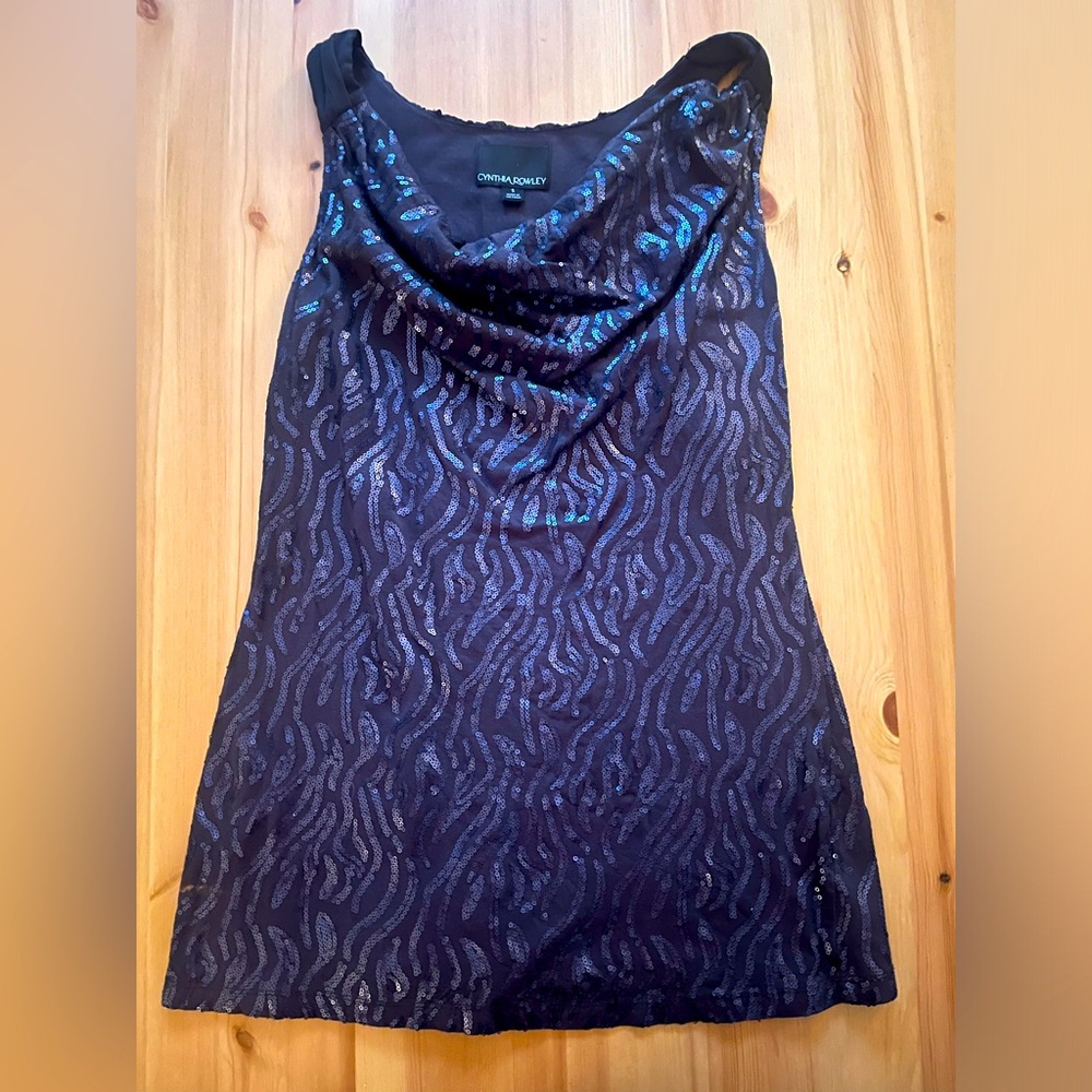 Cynthia Rowley Blue Sequin Tank Top, Cowl/Boat Neck, Size Small.